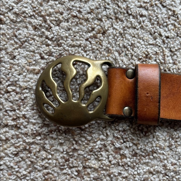 VTG 60’s 70’s Brown Leather Belt Wavy Sunrise Brass Belt Buckle Hippie Boho 32 - Picture 3 of 15